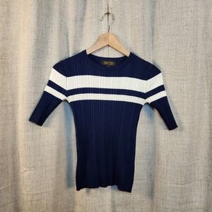 Truth By Republic 1/2 Sleeve Top Women S Blue/White Ribbed Fitted Casual Stripes